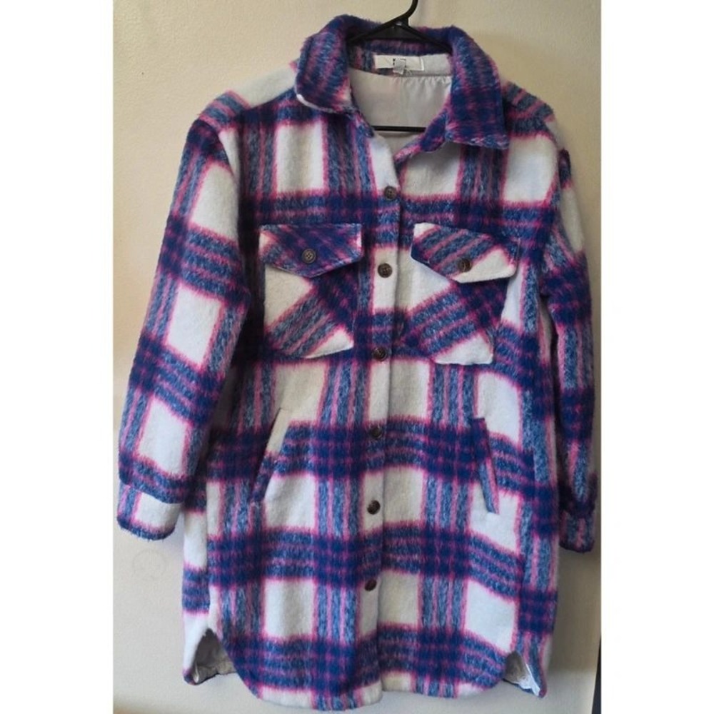 Madden NYC Pink Blue Plaid Longline Shacket Button Front Shirt Jacket Small